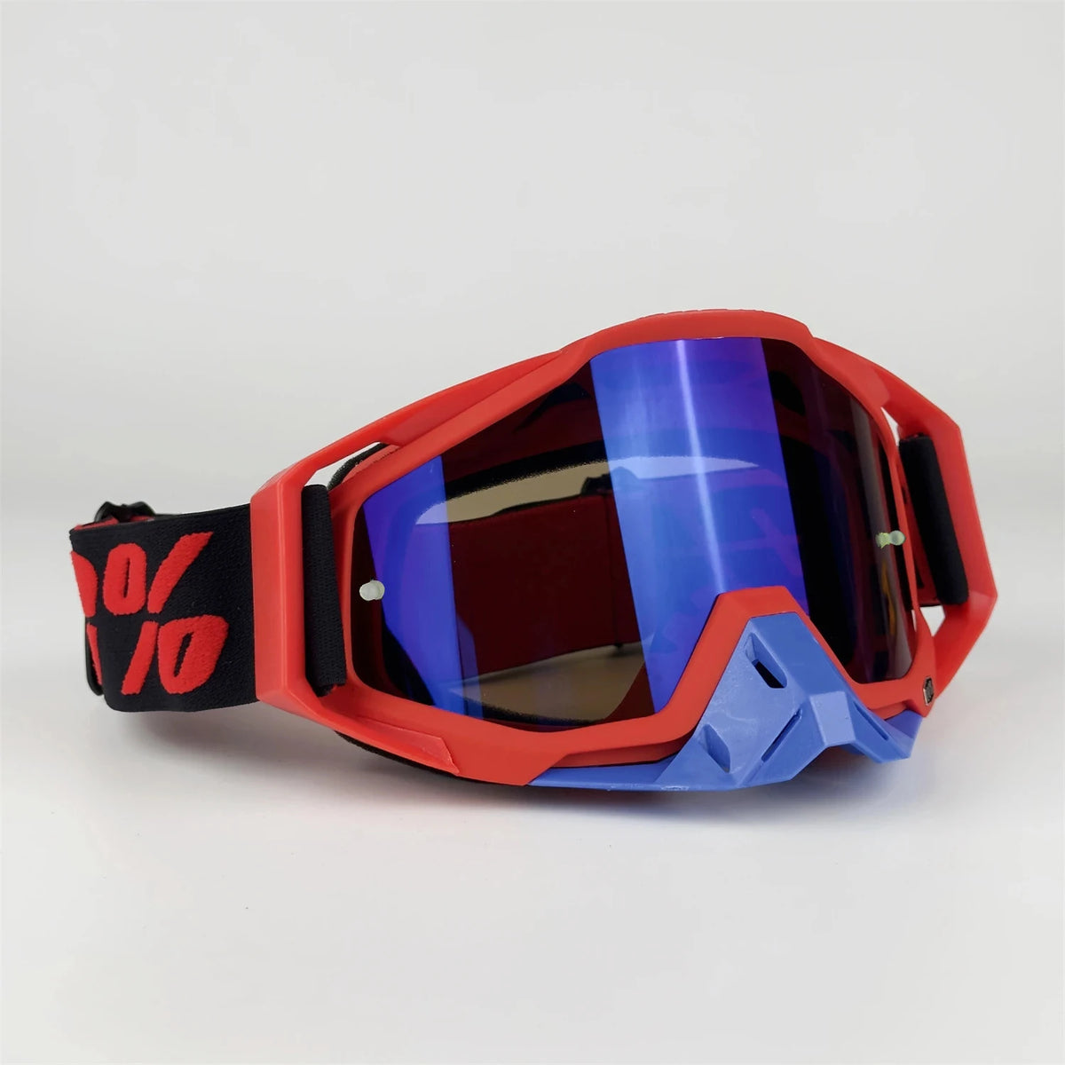 Red and blue off-road motorcycle riding goggles with black strap