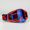 Red and blue off-road motorcycle riding goggles with black strap