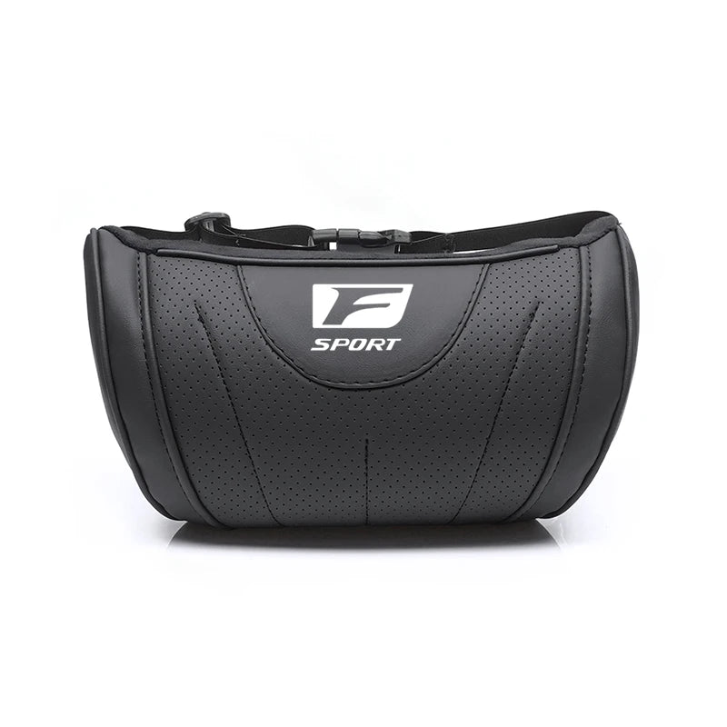 Black ergonomic auto logo neck pillow with a textured leather-like finish