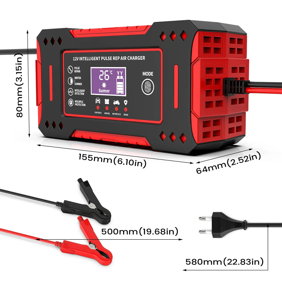 Schwarzer und roter 12V intelligenter Impuls-Repair-Luftpumpe-Ladegerät mit verschiedenen Kabeln.