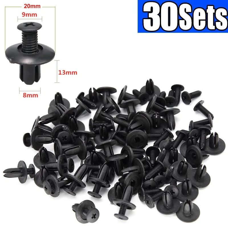 A pile of black 8mm plastic rivet fasteners for automotive and DIY projects.