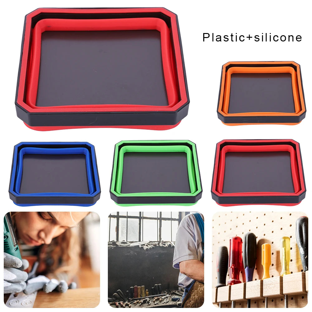 A set of plastic and silicone parts trays in red, orange, and green colors shown next to a tool.