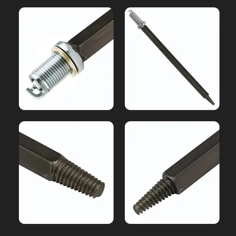 A set of car spark plug extractors showing various tools and components for removing spark plugs.