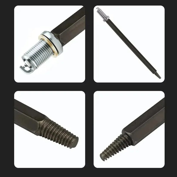 A set of car spark plug extractors showing various tools and components for removing spark plugs.