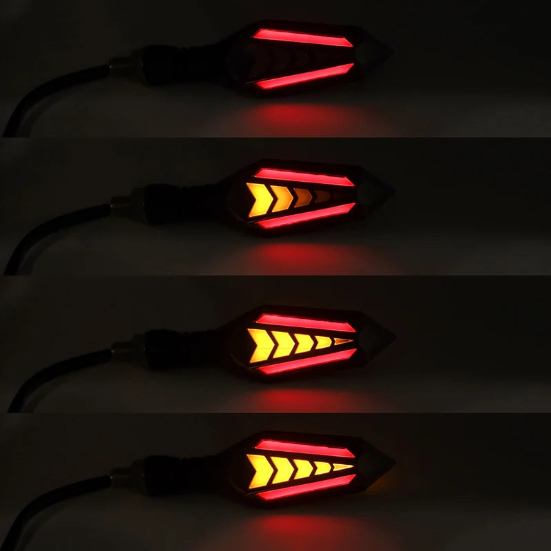 Drei Varianten des universellen Motorrad-LED-Blinkers, die verschiedene Lichtmuster zeigen.