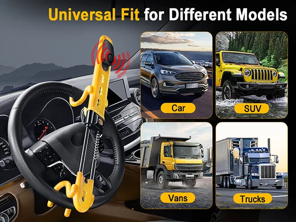 Yellow heavy duty steering wheel anti-theft lock with alarm shown in a car interior context.