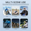 A collection of images showing a Bluetooth motorcycle helmet and earphones used for skiing, visiting, motocross, takeaway, ri