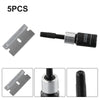 Five pieces of an automotive windshield crack repair kit including metal strips and a tool.