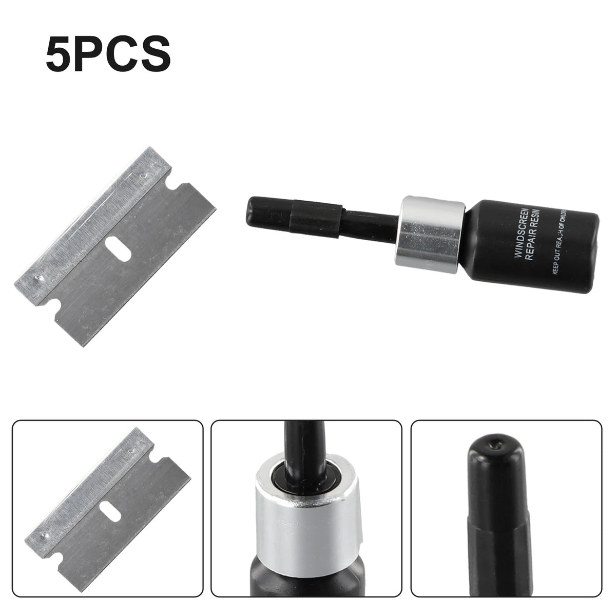 Five pieces of an automotive windshield crack repair kit including metal strips and a tool.