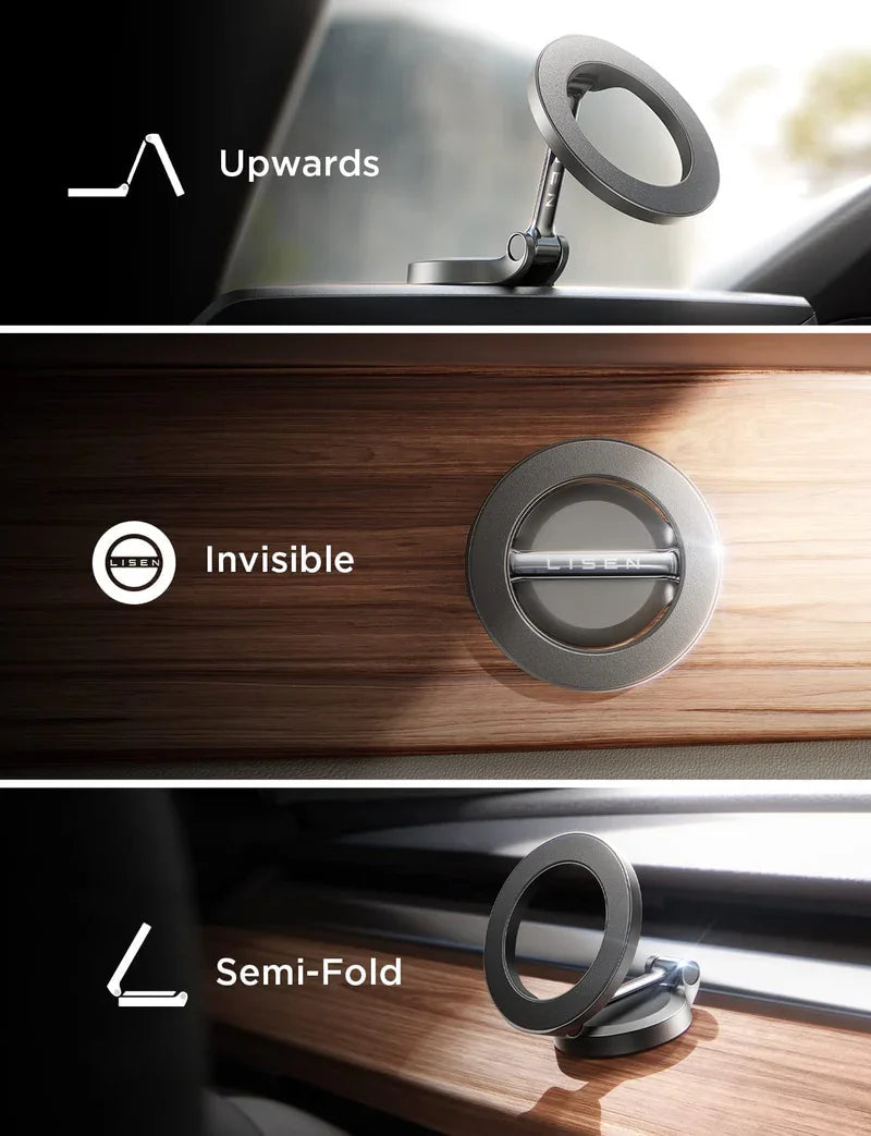 Trois options de montage pour support de téléphone de voiture : vers le haut, invisible et semi-plié.