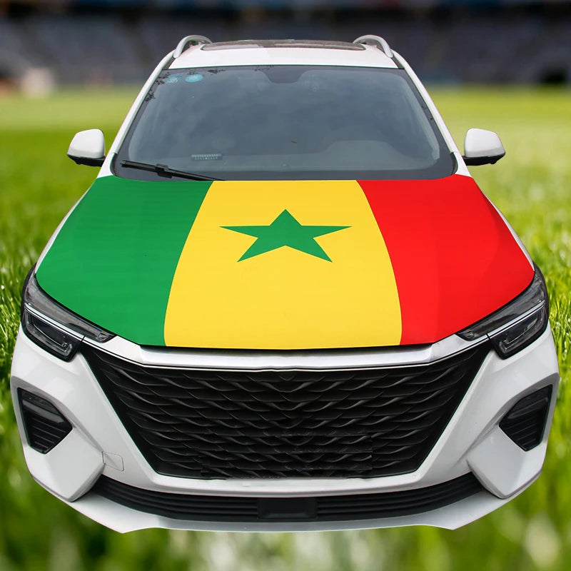 A white car with a green, yellow, and red flag design on the hood.