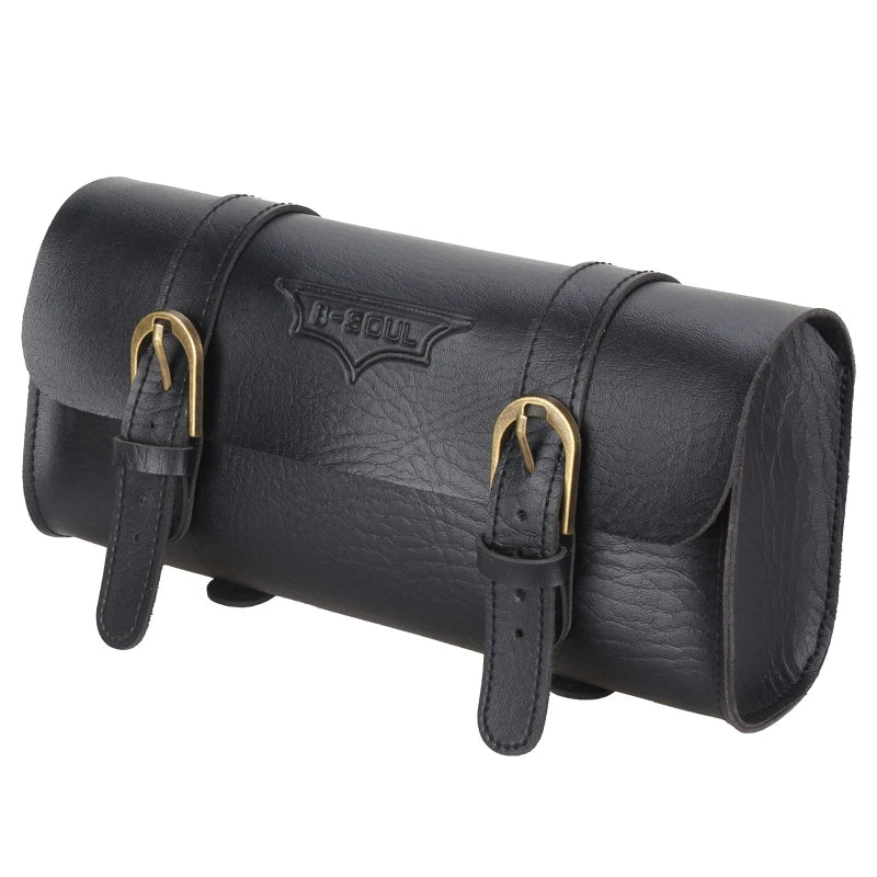 Black premium PU leather motorcycle handlebar saddlebag with brass hardware