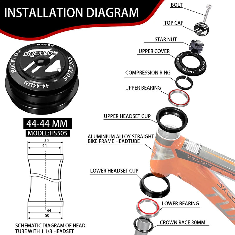 Installation diagram showing components of a 44-44 mm HS505 bicycle headset.