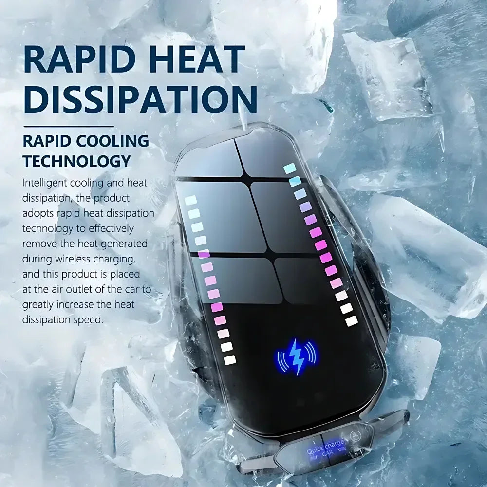 A black wireless car charger with blue lightning bolt lighting is shown surrounded by ice.