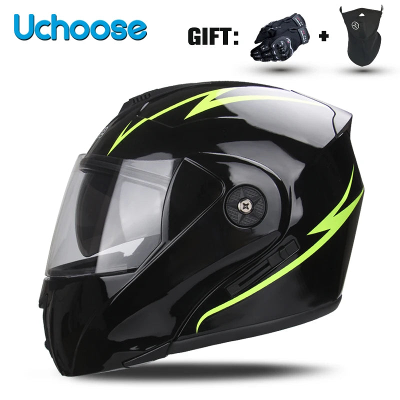 Black Uchoose DOT certified double lens flip-up motorcycle helmet with a gift
