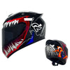 Black full face motorcycle helmet with red and white graphic design