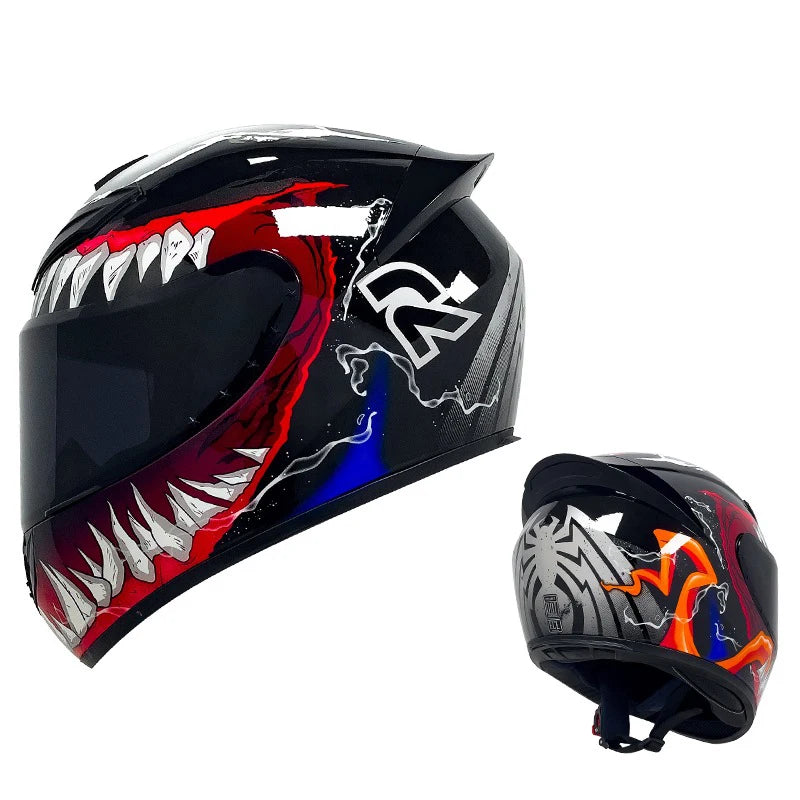 Black full face motorcycle helmet with red and white graphic design
