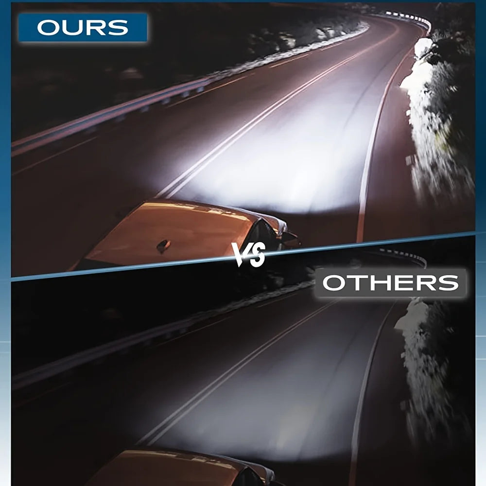 A comparison graphic showing an ours vehicle and others vehicle driving on a road at night.