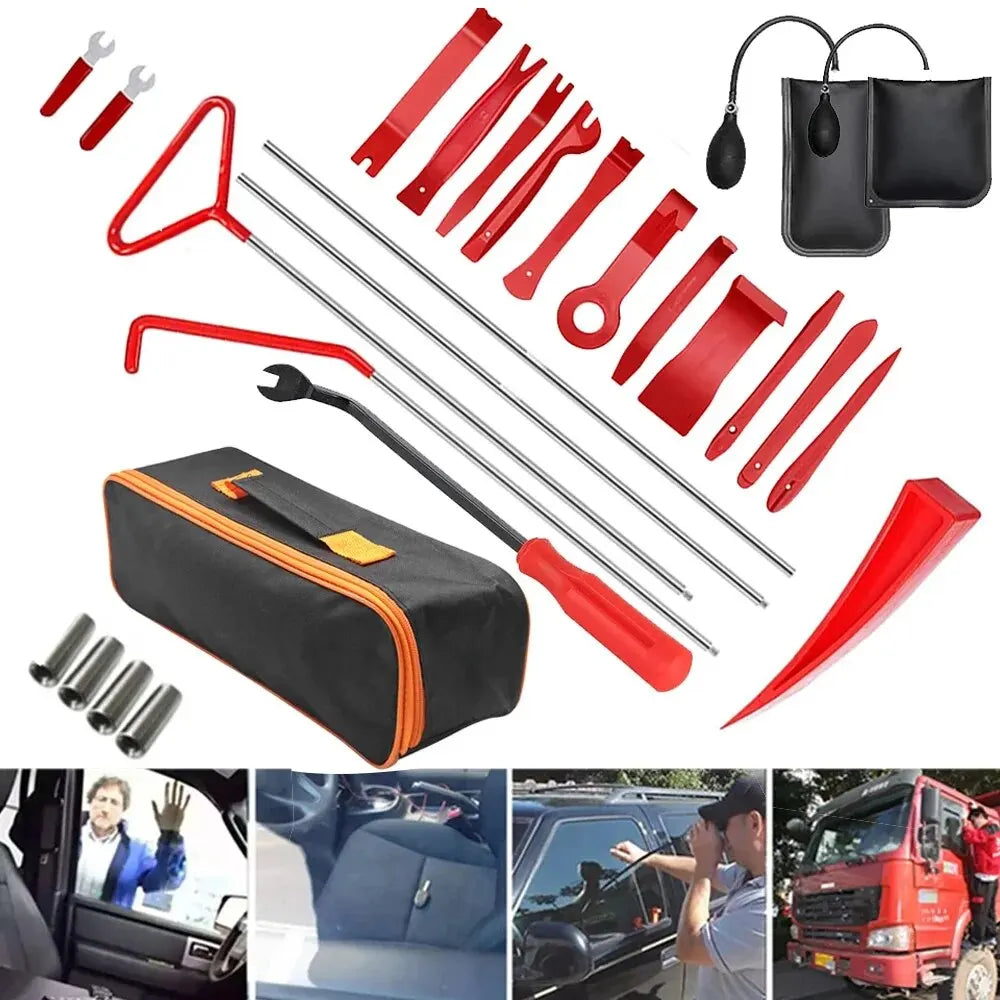 A professional car door repair and alignment tool kit showing various metal tools, including pry bars and alignment rods.