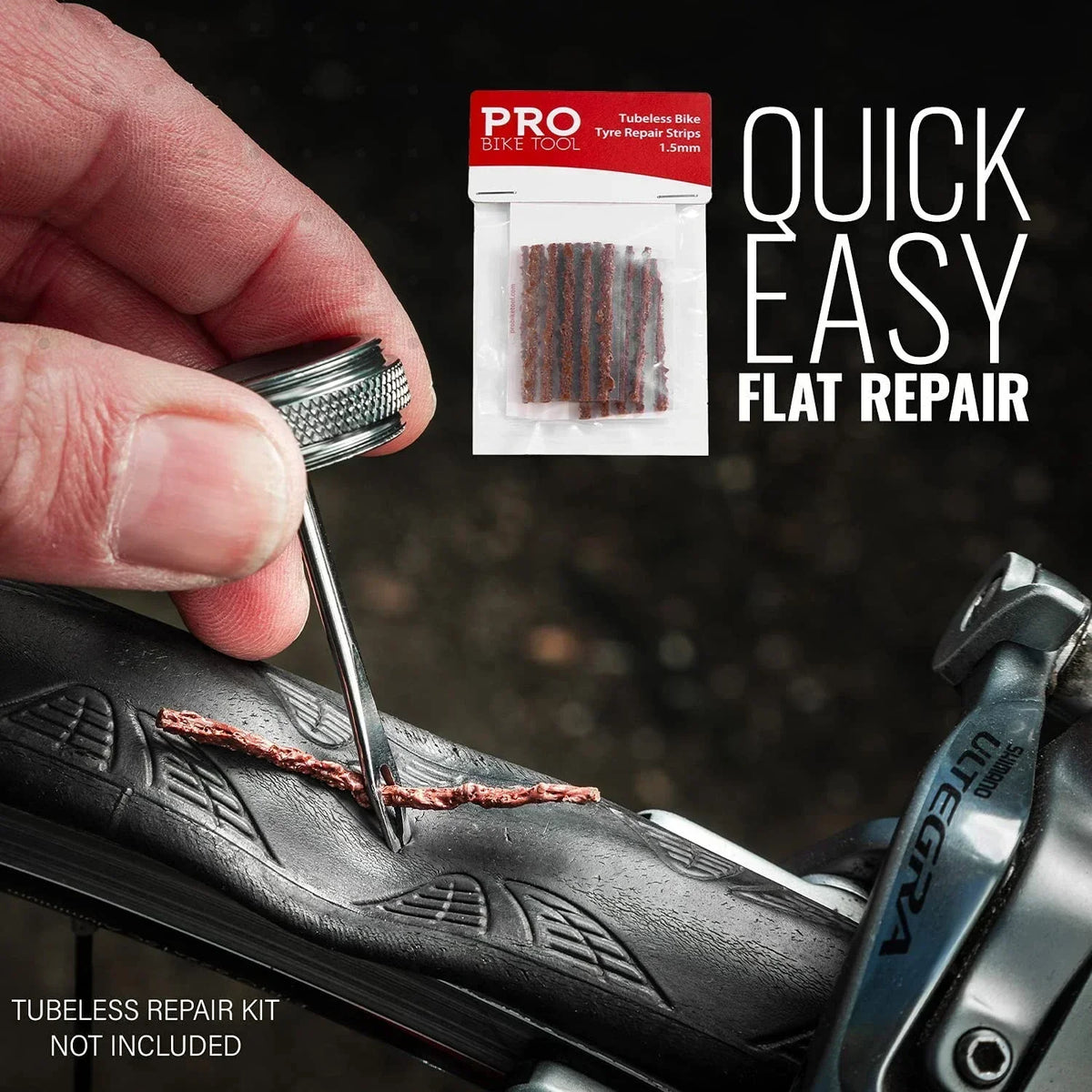 A hand applies a natural rubber tire repair strip to a bicycle tire using a tool.