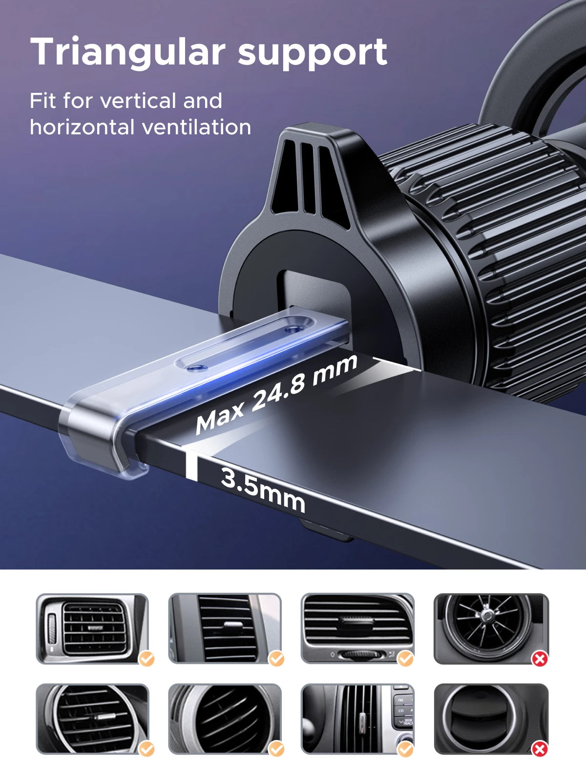 A close-up view of a magnetic car phone holder demonstrating triangular support for vertical and horizontal ventilation.