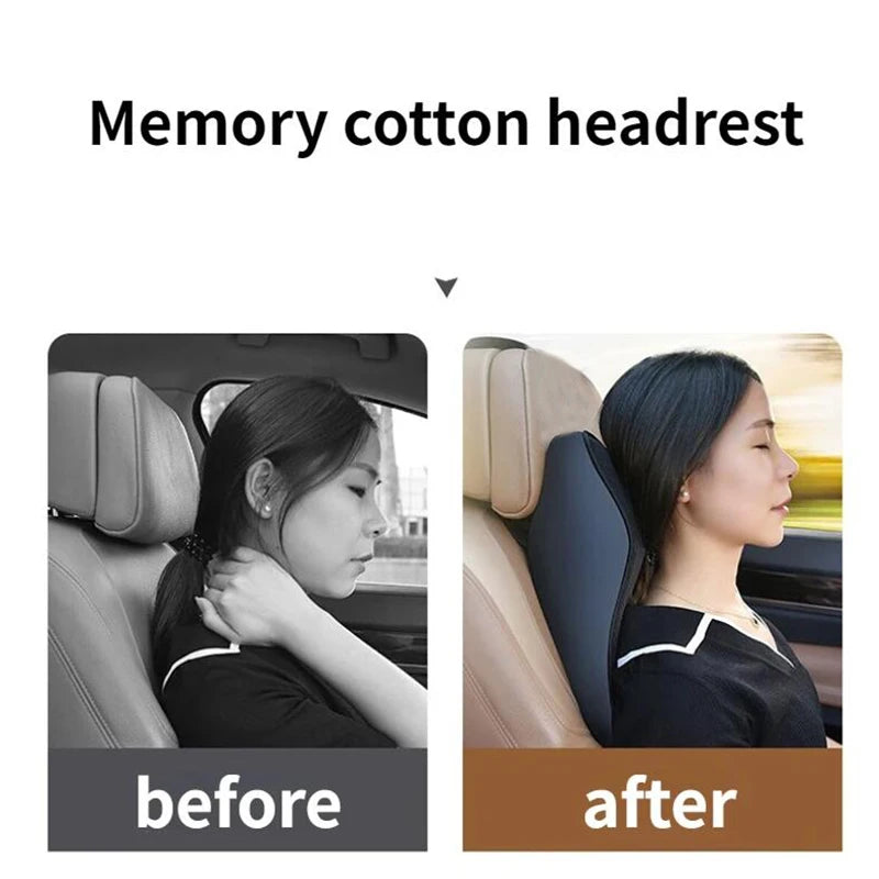 Before and after comparison showing the effect of a memory cotton headrest on neck support.