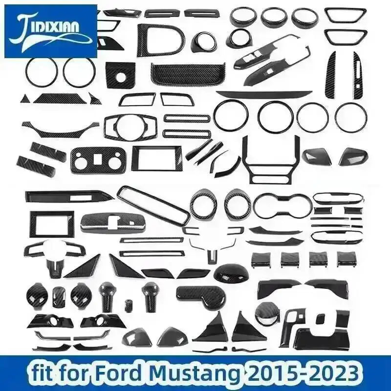 Carbon fiber interior decoration kit for a Ford Mustang featuring various trim pieces and accents.