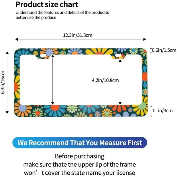 Tabla de tallas del producto para un marco de matrícula de aluminio personalizable, mostrando dimensiones en pulgadas y centí