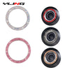 Three decorative diamond rhinestone car start button covers in different colors and finishes