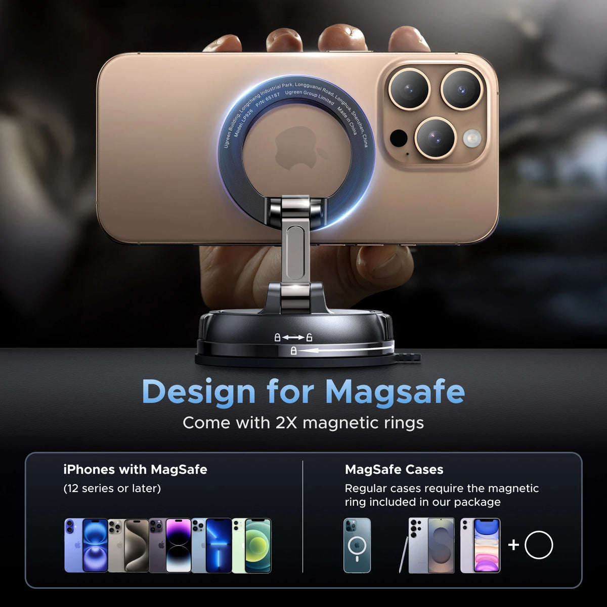 A hand holds an iPhone with a magnetic ring mount and a MagSafe case, demonstrating the product design.