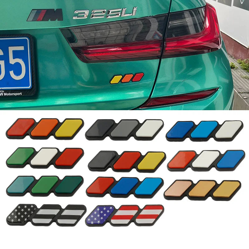 A collection of tri-color 3D car grill decals for various vehicles, including various colored and patterned stickers.