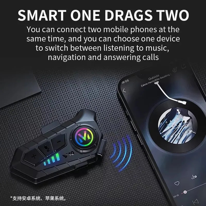 A black smart device is shown next to a smartphone, illustrating how it allows one device to connect two mobile phones simult