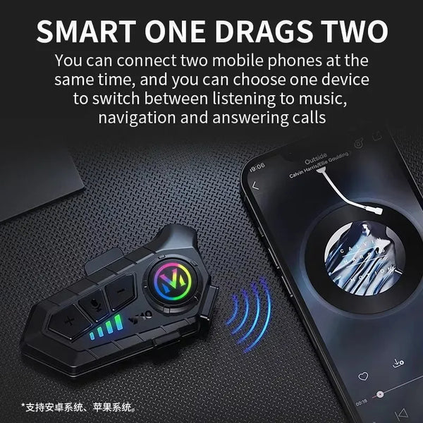 A black smart device is shown next to a smartphone, illustrating how it allows one device to connect two mobile phones simult