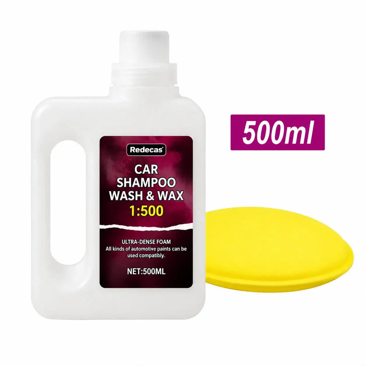 A white plastic bottle of Redecas Car Shampoo Wash & Wax 1:500 soap with a yellow cap and a yellow disc.