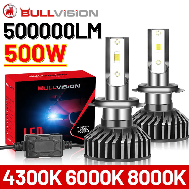 A set of high-intensity LED car headlight bulbs with a black housing and silver base, showing various color temperatures.