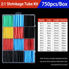 A box of 750 pieces of 2:1 shrinkage tubing kit with various colors and lengths for electrical insulation.