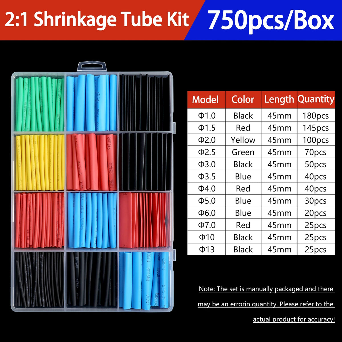 A box of 750 pieces of 2:1 shrinkage tubing kit with various colors and lengths for electrical insulation.