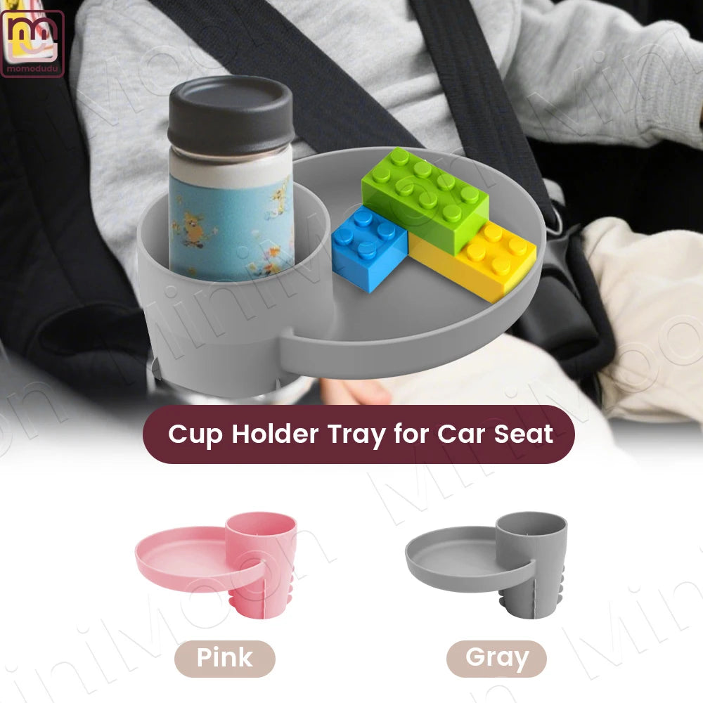 A set of pink and gray cup holder trays for car seats and strollers shown in various forms.