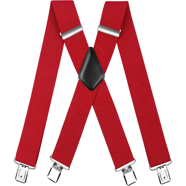 Un par de tirantes de carga roja con clips negros mostrados planos.