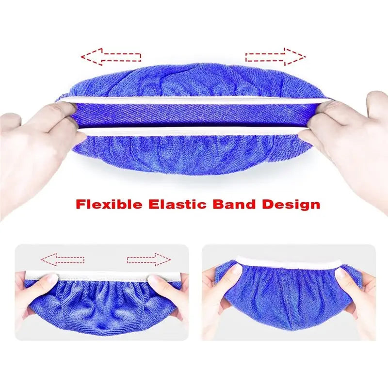 Flexibles elastisches Banddesign eines blauen Polierpadsatzes, gehalten von Händen.