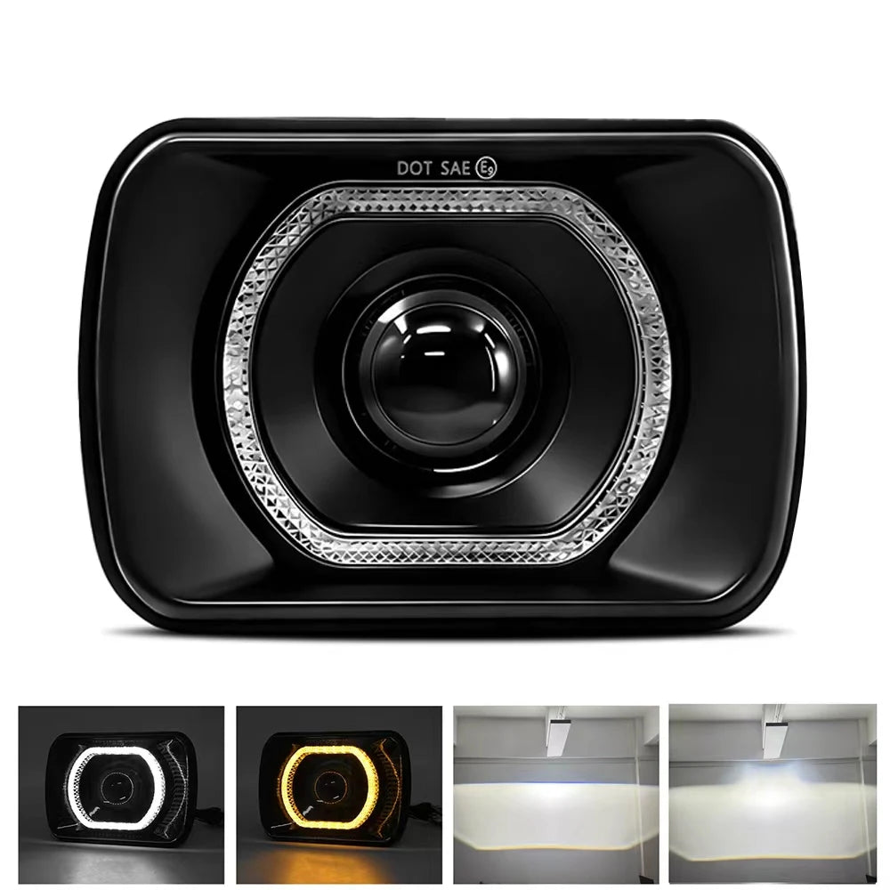 A black square LED headlight with an integrated turn signal and a clear lens design.