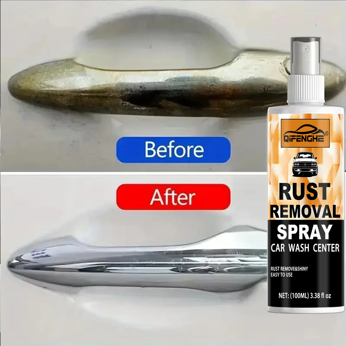 Before and after comparison showing rust removal spray on a metal object for car wash center use