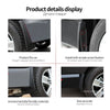 Close-up display of black ABS mud flaps for VW ID.4/ID.6, showing installation and material details.