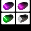 Vier Ansichten von solarbetriebenen RGB-Stroboscheinwerfern mit lila und grünen Farben.