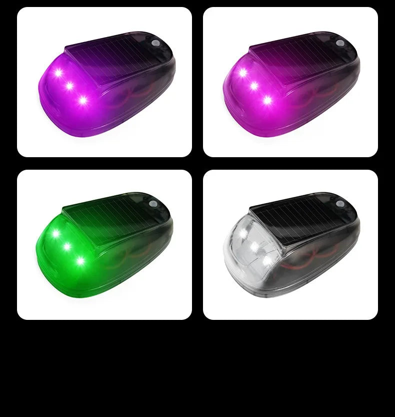 Vier Ansichten von solarbetriebenen RGB-Stroboscheinwerfern mit lila und grünen Farben.