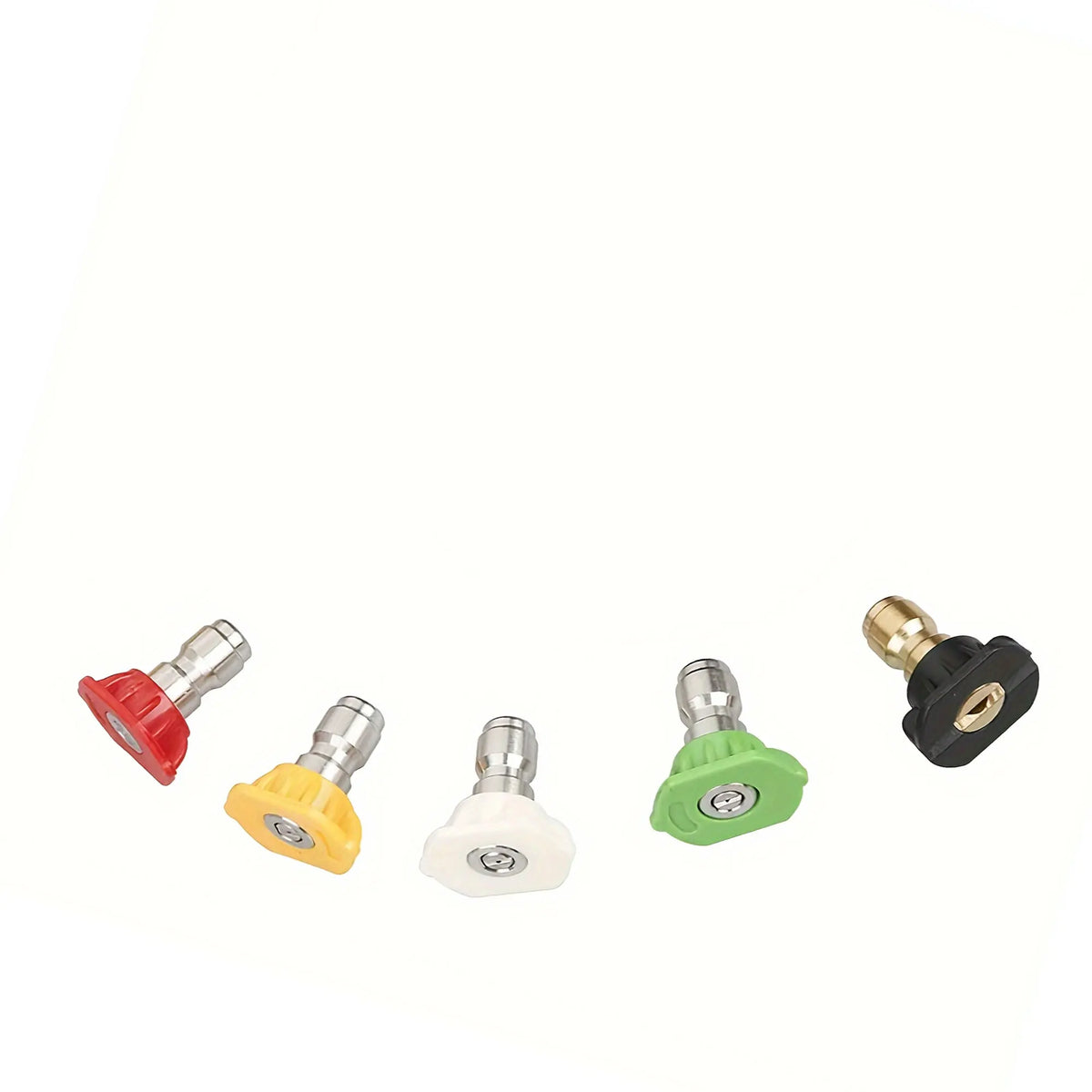 A set of multi-angle high-pressure water nozzles in various colors including red, yellow, silver, and black.