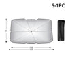 Silver retractable car sunshade with dimensions 110 by 125 cm and a black storage tube.
