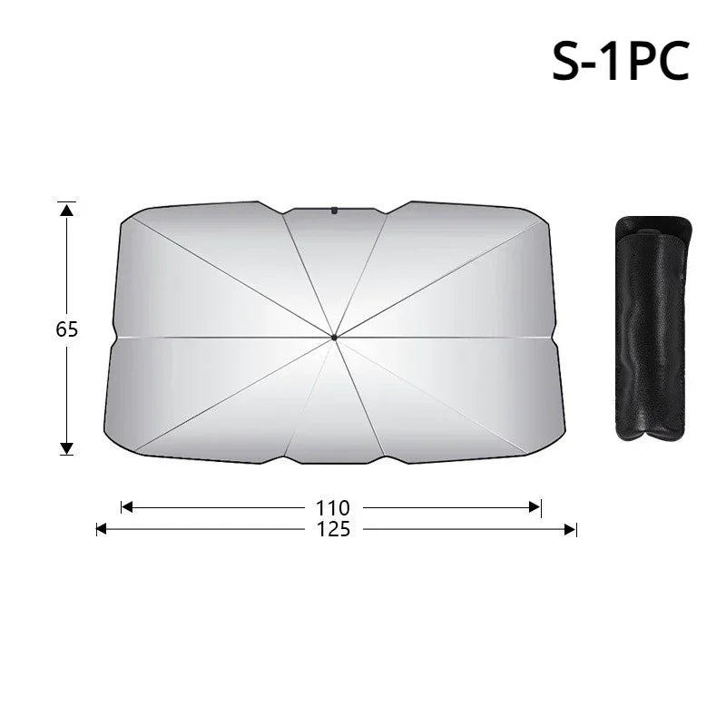 Silver retractable car sunshade with dimensions 110 by 125 cm and a black storage tube.