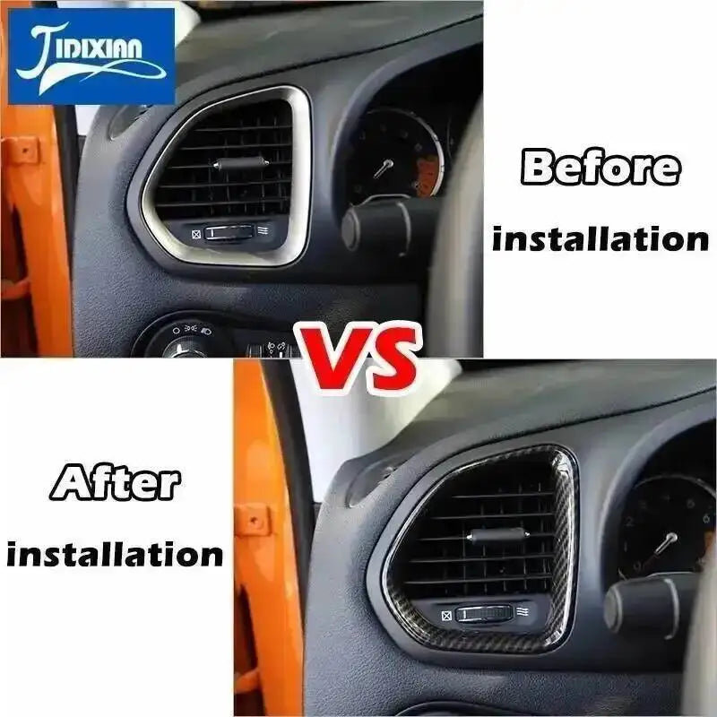 Comparison showing before and after installation of Jeep Renegade dashboard air vent covers