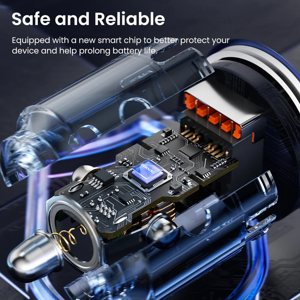 A close-up view of a device equipped with a smart chip inside a clear casing, highlighting its safe and reliable features.